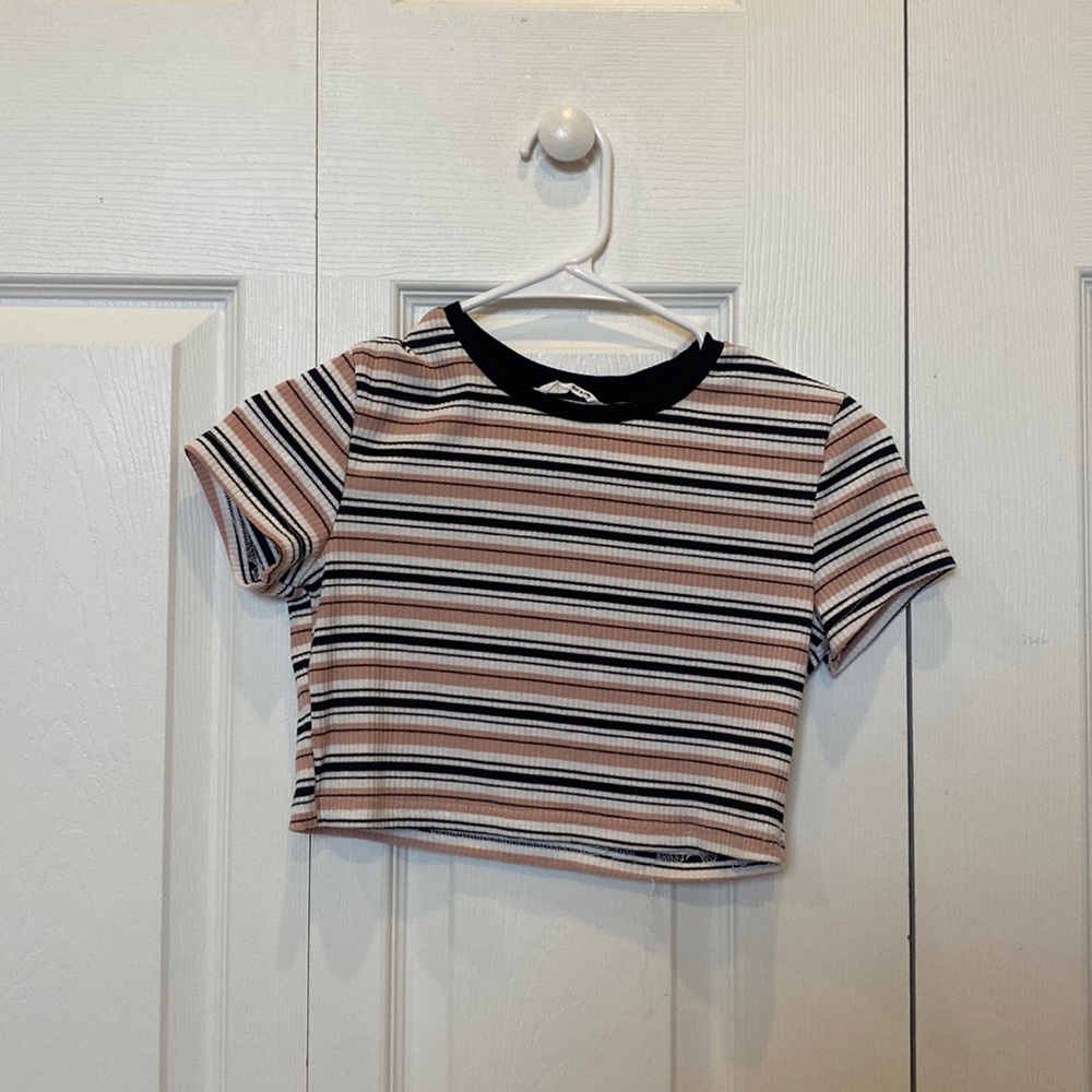 SHEIN, pink, black, and white stripe crop top